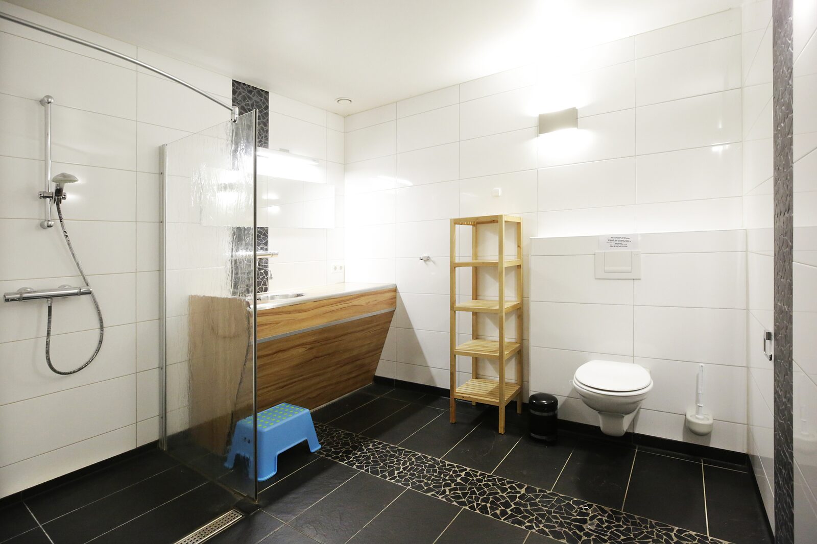 Pitch with private sanitary cabin with shower, sink and toilet