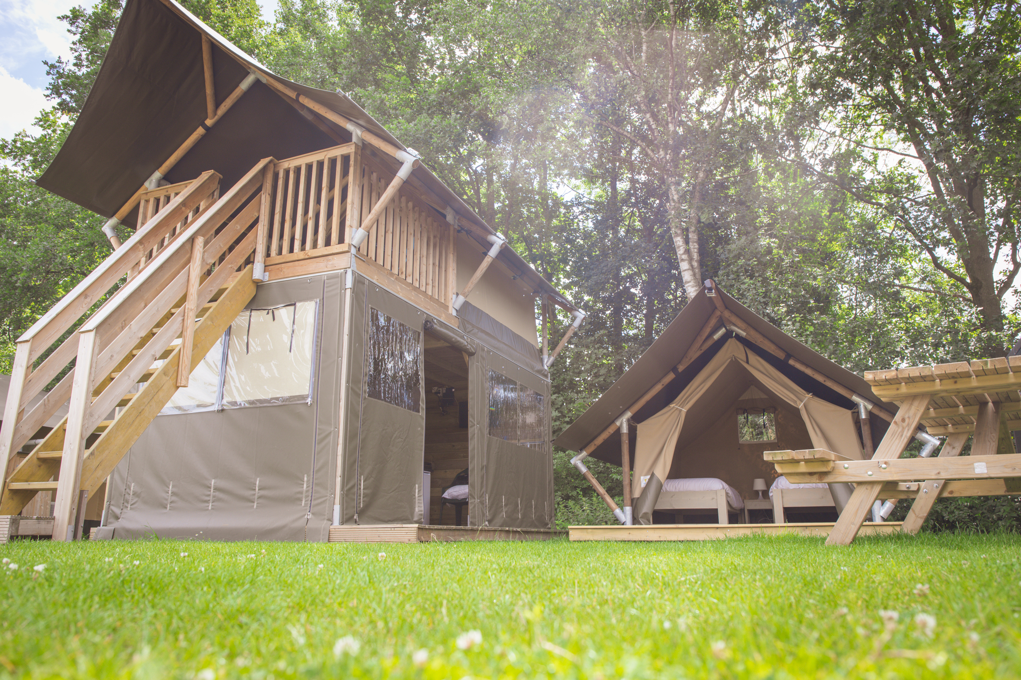 Genießen Sie einen luxuriösen Campingurlaub in der Safaricottage XS für 4 Personen mit privatem Sanitär im Ferienpark de Sallandshoeve, ideal für Naturfreunde und Ruhe suchende.