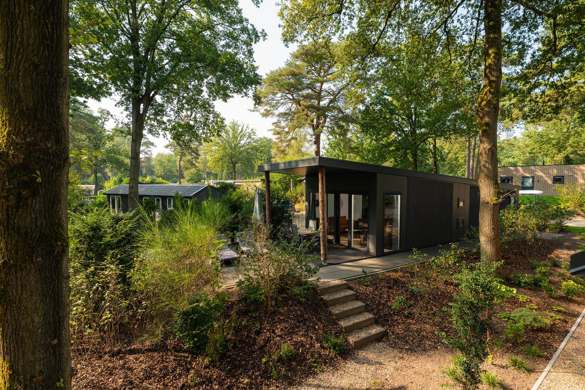 Zand Lodge is een charmant chalet voor 6 personen in de Veluwe, met een warme houten inrichting, volledig uitgeruste keuken, en een overdekt terras.