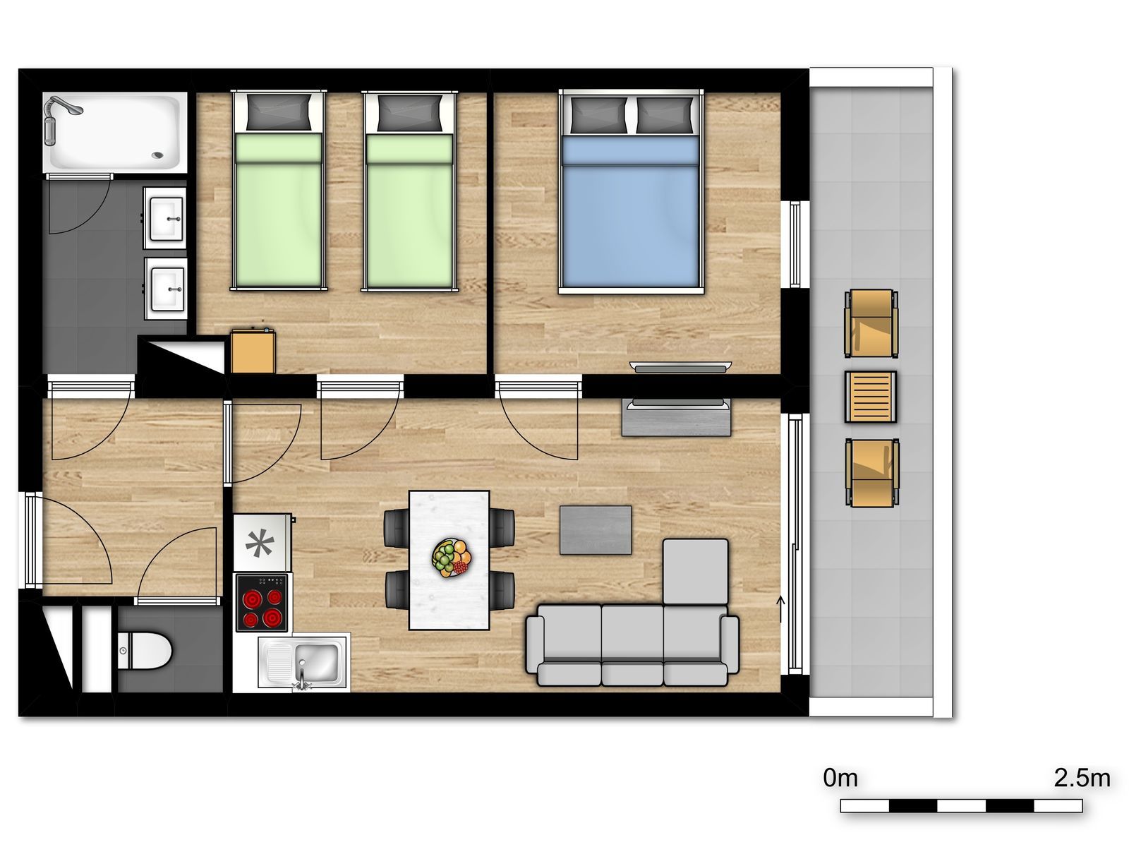 Appartement standard pour 6 personnes avec lit double, lits simples et un canapé-lit.