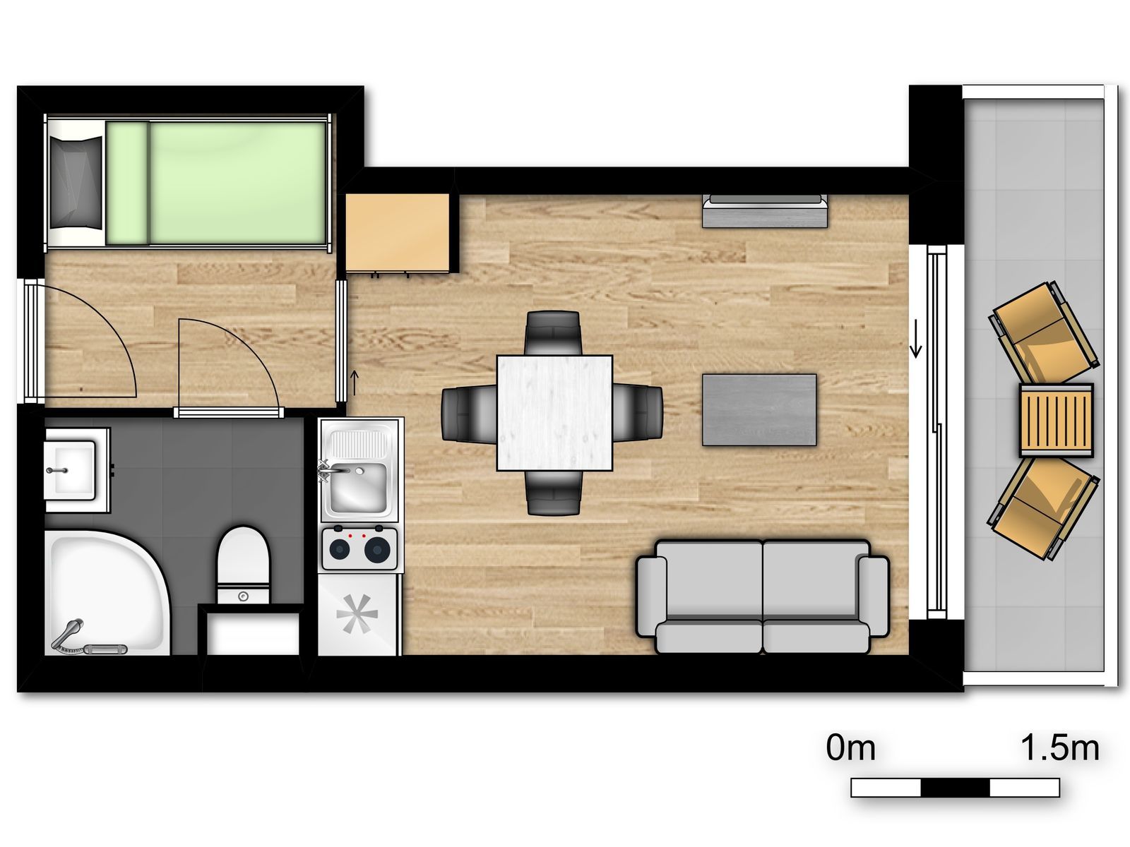 Standard studio for 4 people with sofa bed and balcony