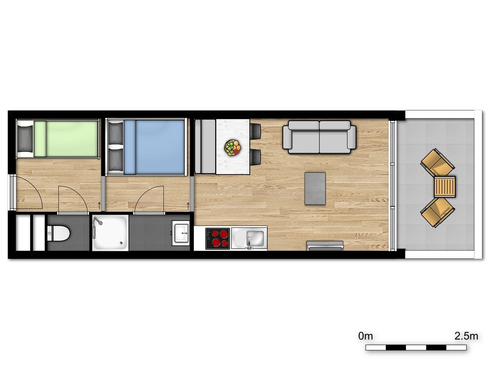 Studio pour 4 personnes avec lit double et balcon, vue sur le port 