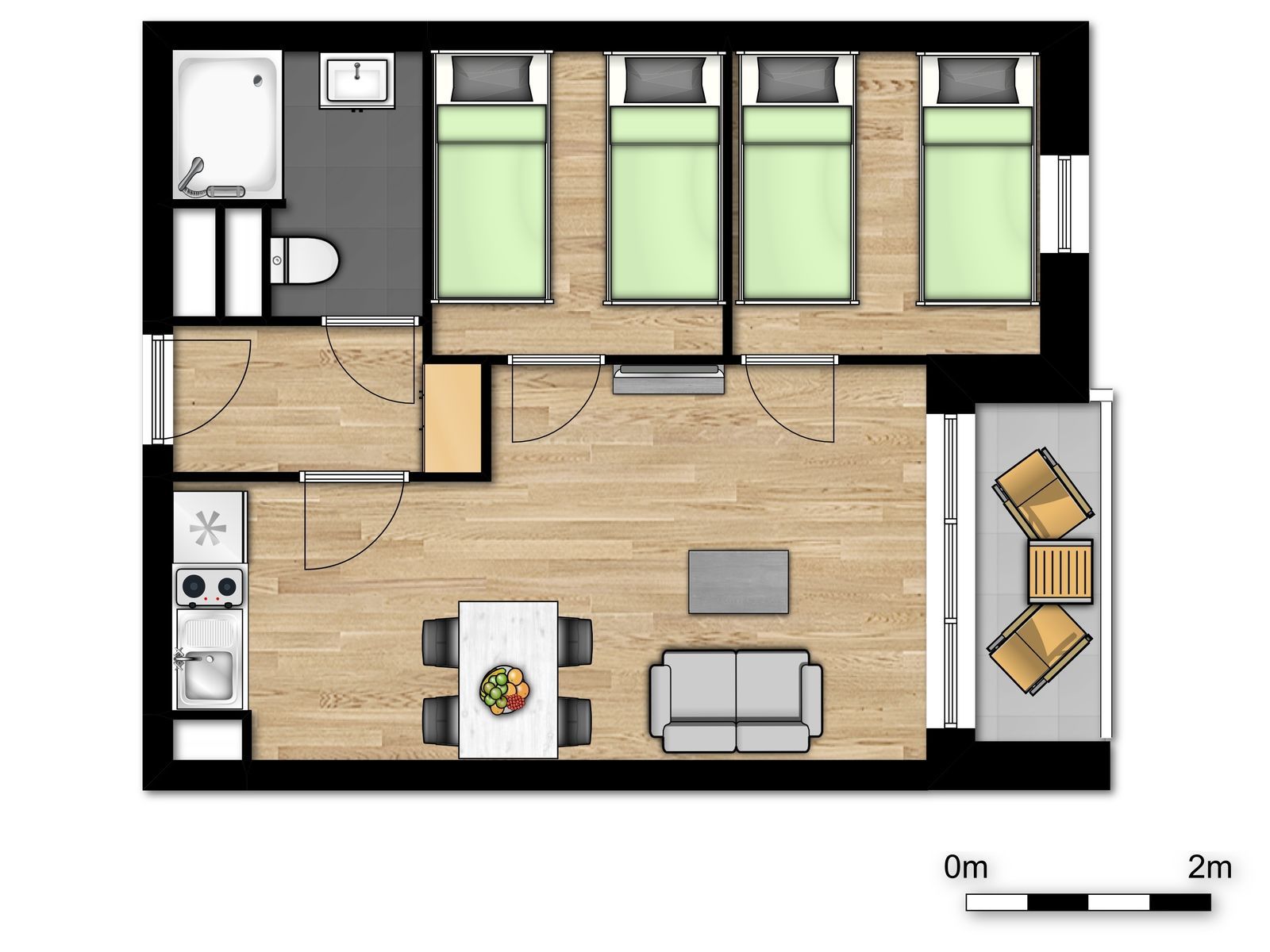 Appartement pour 4 personnes avec lit double + 2 lits simples et balcon