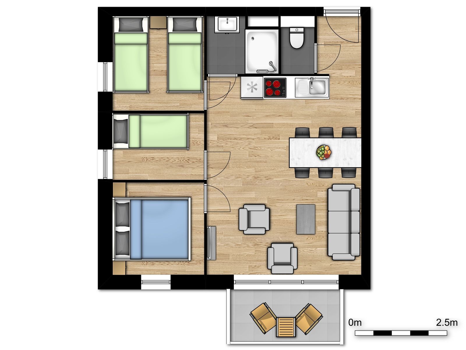 Appartement spacieux pour 6 personnes avec 3 chambres et balcon